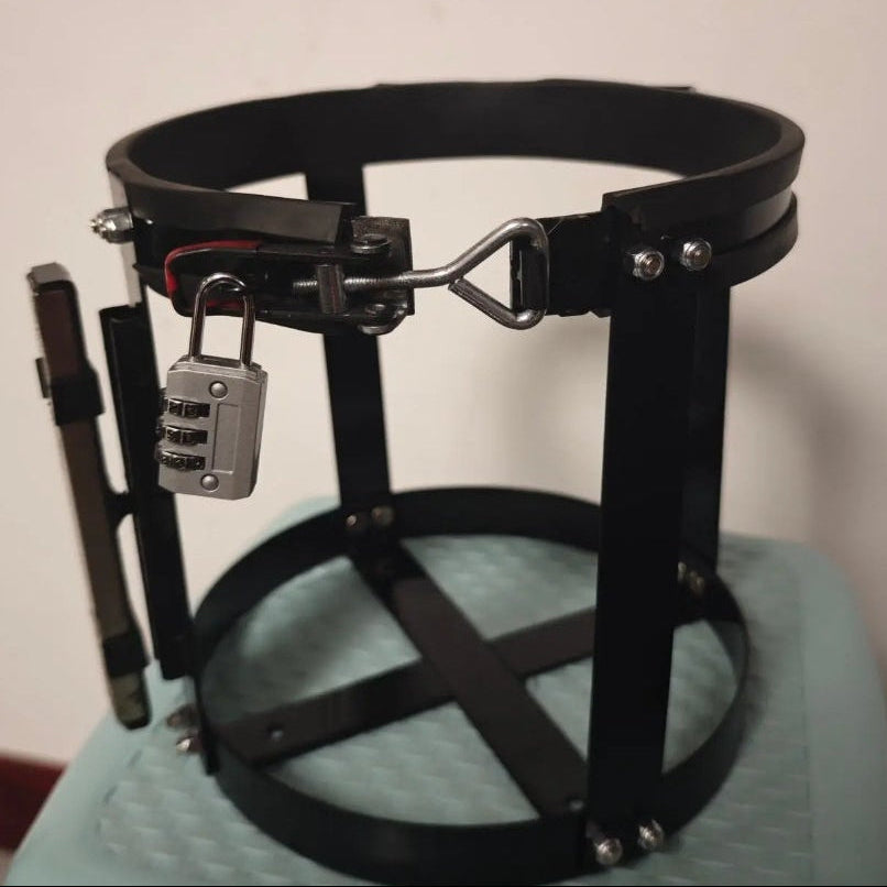 Black leather harness on a stand against a beige background