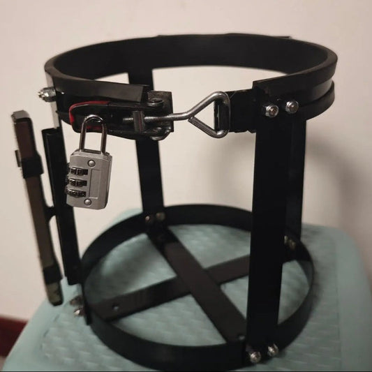 Black leather harness on a stand against a beige background