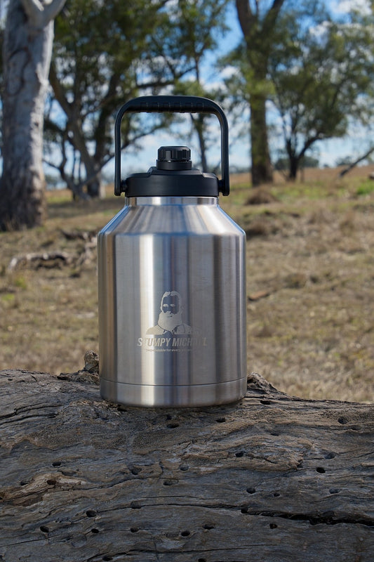 Silver insulated bottle with black lid, outdoors