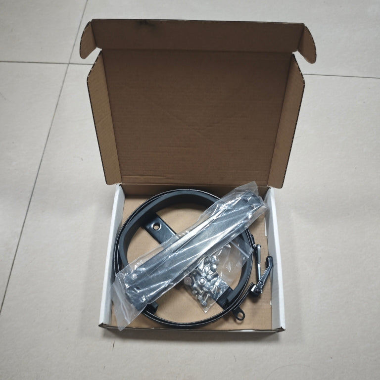 Cardboard box with a black rubber, top and bottom rings, uprights, nuts and bolts and plastic bag packaged 