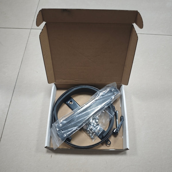 Cardboard box with a black rubber, top and bottom rings, uprights, nuts and bolts and plastic bag packaged 